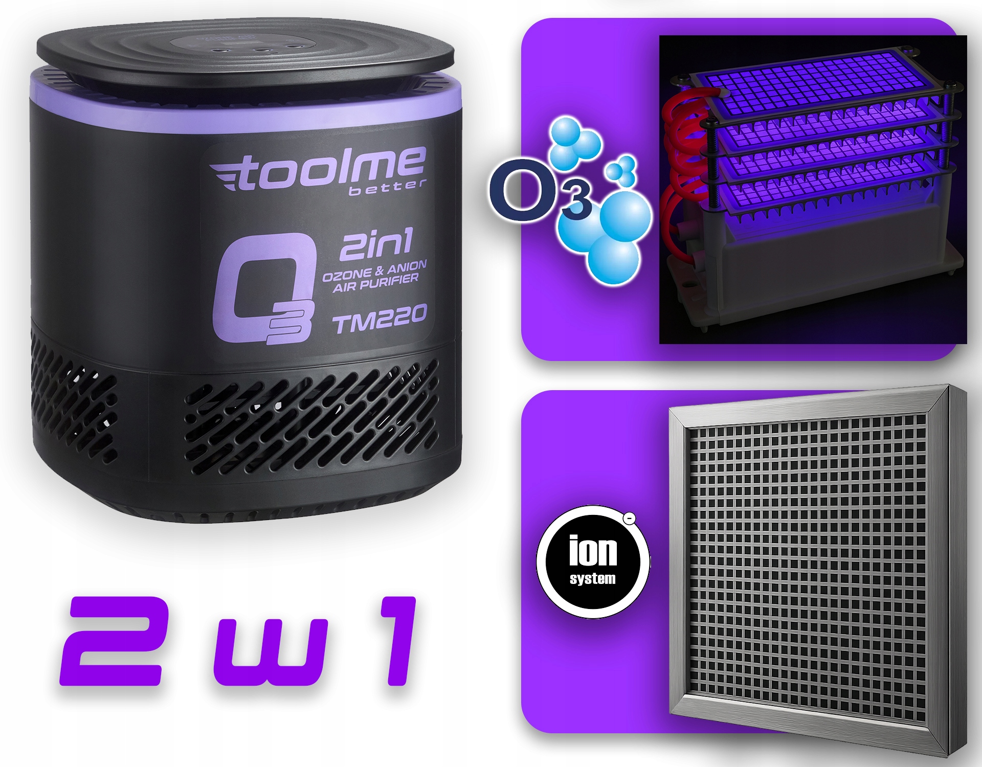 Oczyszczacz powietrza Toolme TM220 2w1 z funkcją ozonowania i jonizacji (O₃, anion), czarno-fioletowa obudowa.